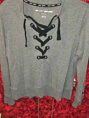 DKNY Women's Gray V-Neck Lace-Up Sweatshirt with Black Trim Size Medium